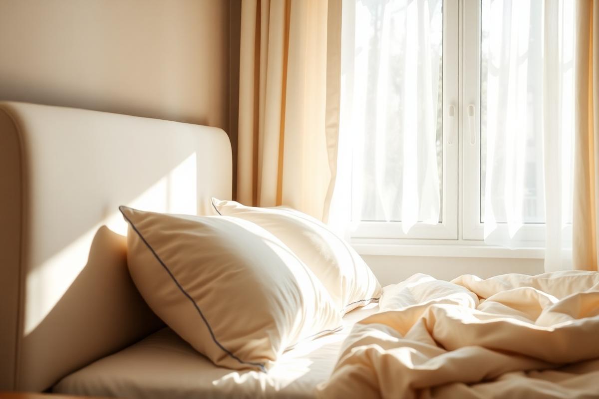 Quarto claro com roupa de cama trocada e luz do sol na janela